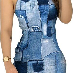 Women Strapless Mini Dress Denim Print Bodycon Off Shoulder Summer Party
